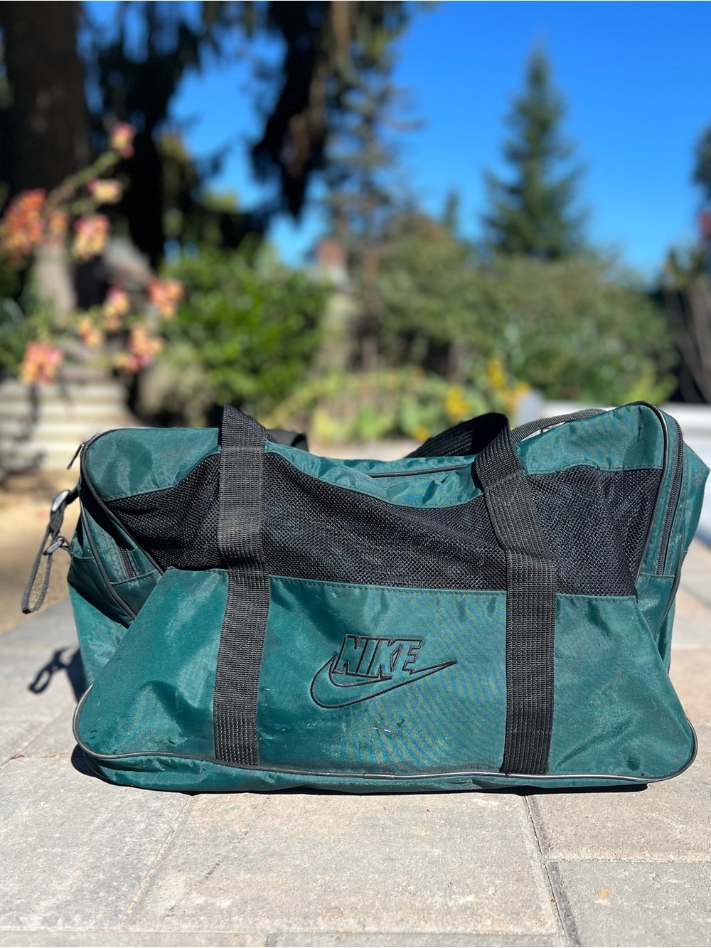 Vintage 90s Nike Forest Green Duffle Bag Nylon Mesh Embroidered Swoosh Gym